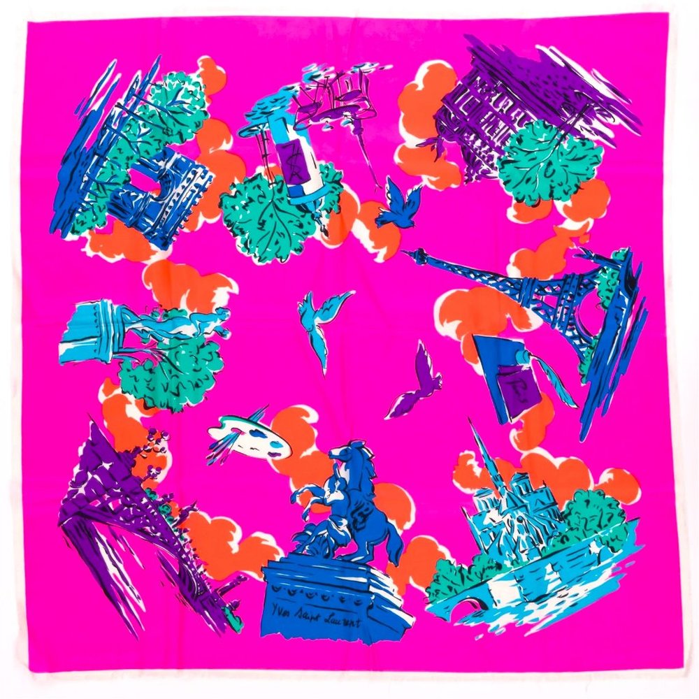Yves Saint Laurent YSL Silk Scarf 34" Paris Theme - Vintage
